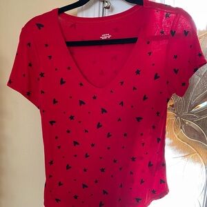 Red V-Neck Top with Heart and Star Print